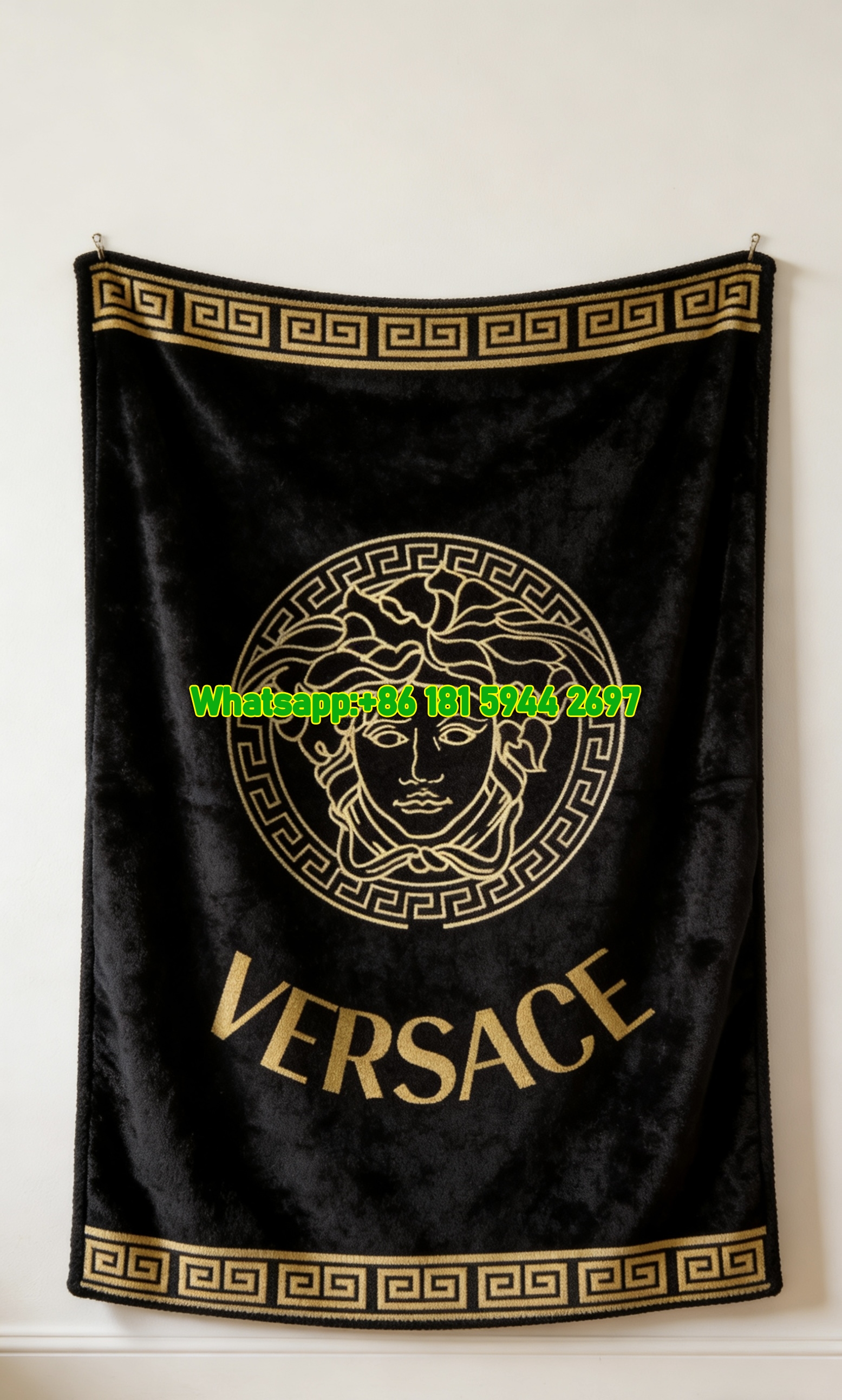 Versace Black Gold Medusa Greek Key Border Logo Print Flannel Sofa Throw Blanket IMG_1313
